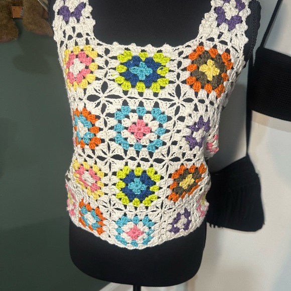 Freshman Tops - Freshman 1985 Crochet Tank Top Granny Square Boho Festival Knit XS
